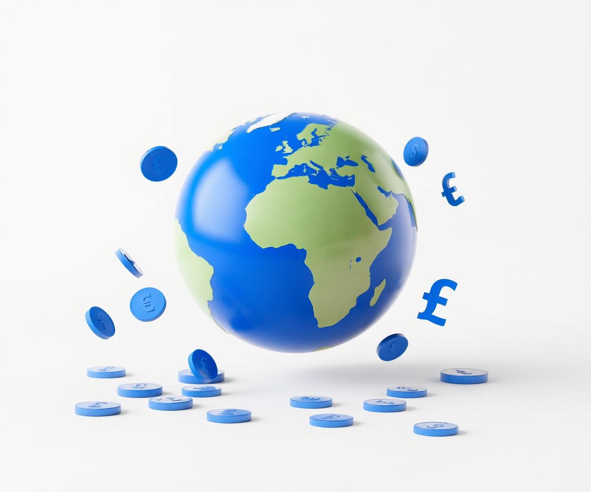 Globe surrounded by floating coins and currency symbols