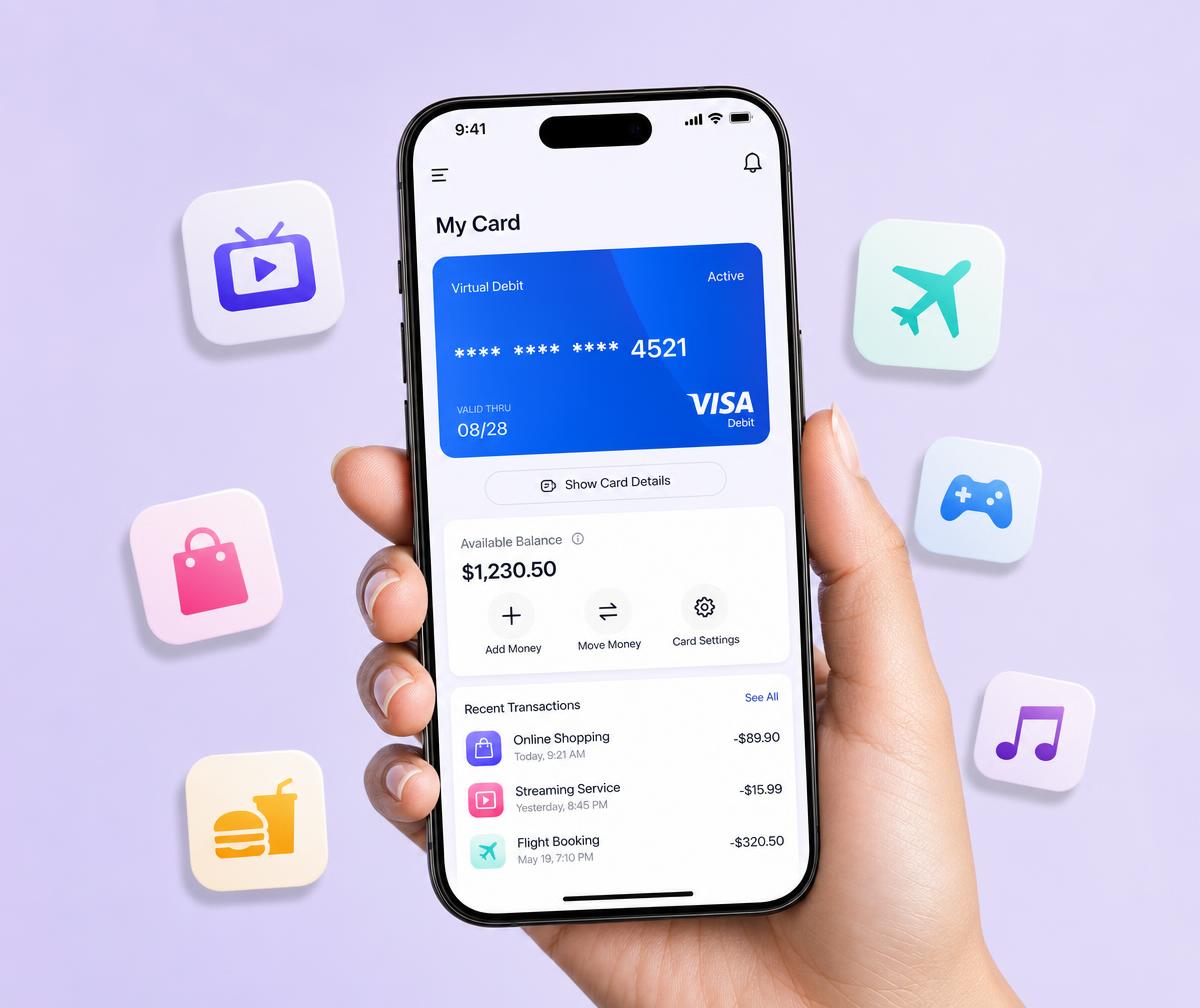 Hand holding a phone displaying a Trullo virtual debit card