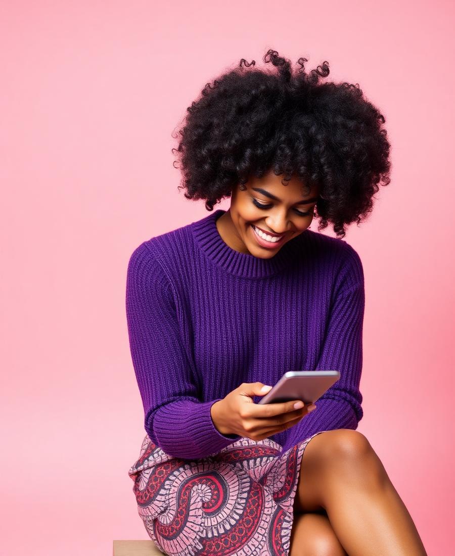 Woman smiling while checking her Trullo account on her phone